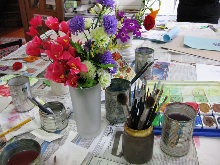 花，油漆，容器，排列，花瓶，彩色，花，瓶子