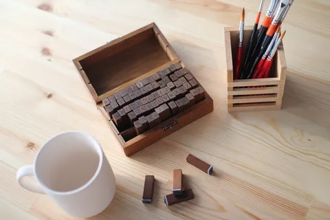 书桌，印章，铅笔，杯子，姓名首字母，还有most，刷子，木质材料