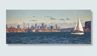 白色帆船在城市建筑物附近的水域航行