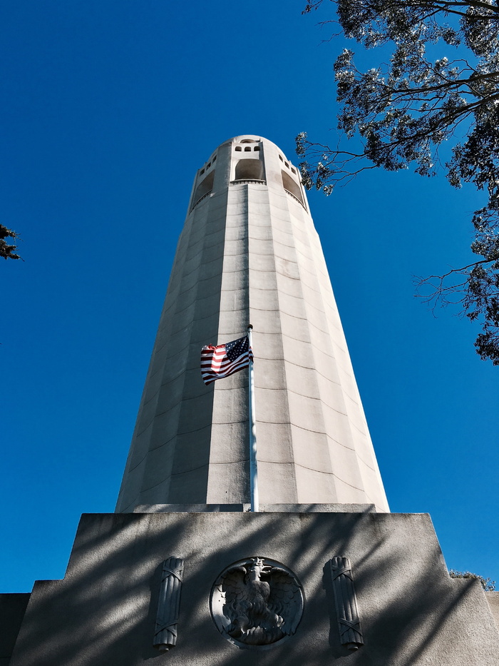 coit 塔, 旧金山, 美国, 国旗, 蓝色, 天空, 塔, 构建