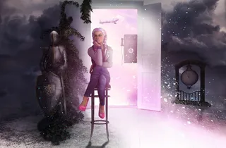 女士，坐着，酒吧凳，里面，房间，打开，门墙纸，女孩