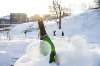 雪地上一次性杯子旁的酒瓶