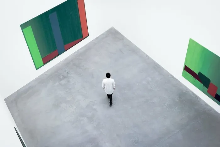 艺术，画廊，室内，人，房间，墙，一个人，站着
