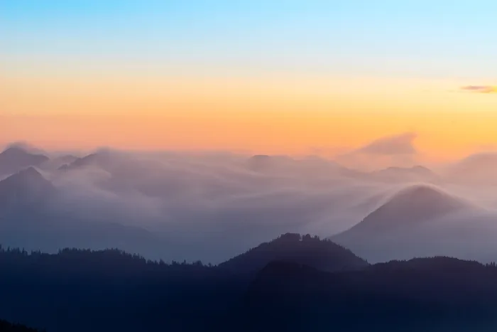 剪影，山脉，蓝色，橙色，天空，日落，德国，巴伐利亚州