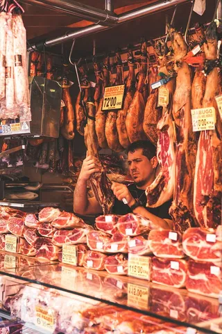 西班牙、巴塞罗那、市场、火腿、肉店、肉类、果酱、零售