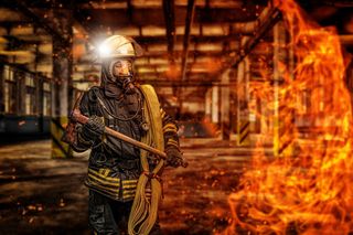 消防、消防员、头盔、软管、品牌、应急、消防、防护