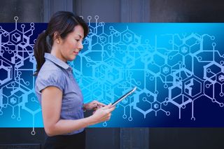 女商人、企业、区块链、数据、记录、概念、系统、通信