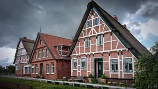 低，光摄影，三，建筑物，前面，草地，棕色，混凝土