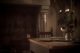 中世纪，餐车，晚餐，餐具，餐桌，餐具，室内，盘子