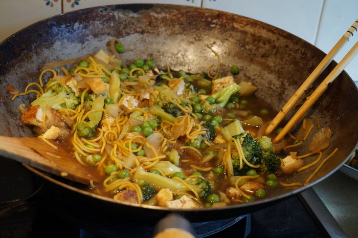 熟的，花椰菜，意大利面，肉，炒锅，炒菜，蔬菜，中国菜