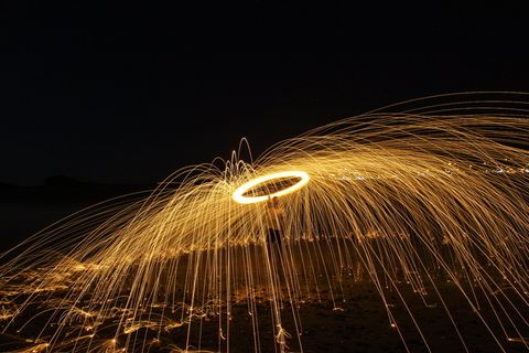 火，街头艺术家，夜晚，爆炸，运动，照明，钢丝，纺纱