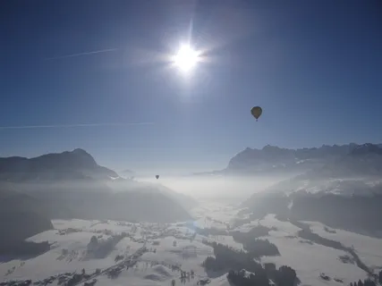 热气球，高山，漂浮，热气球旅行，阳光，冬天，体验