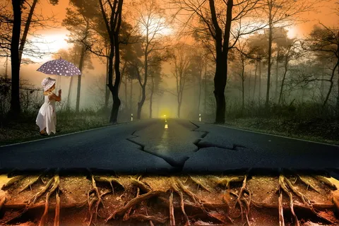 道路,女孩,自然,树,根,树根,地下室,地球 道路,女孩,自然,树,根,树根,地下室,地球