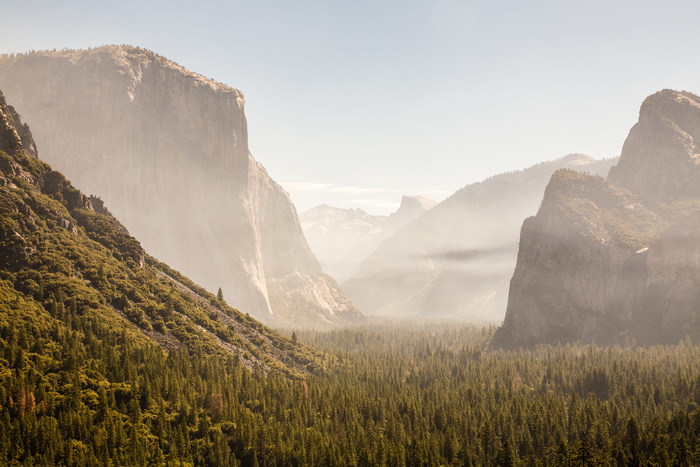 日光、约塞米蒂国家公园、el capitan、约塞米蒂山谷、山脉、雾霾、森林、景观