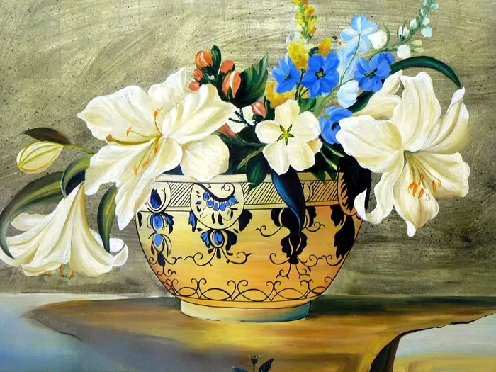 米色，黑色，花卉，花瓶，花卉绘画，花卉，静物画，丝绸绘画