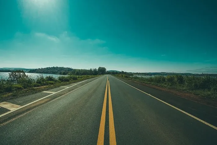 草地和水体之间道路的全景摄影