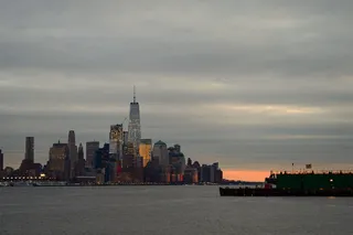 纽约市，天际线，黄昏，灯光，云彩，天空，哈德逊河，日落