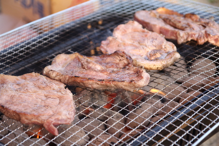 野营，肉，猪肉，烤，轻版，买脖子，野营地，烧烤
