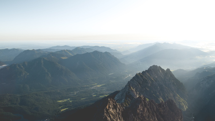 zugspitze、夏季、草地、云、视图、雾、alm、城市
