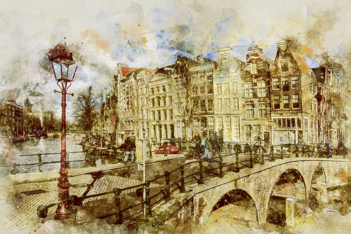 桥梁、建筑、灯柱绘画、阿姆斯特丹、荷兰keizersgracht、城镇