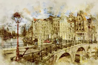 桥梁、建筑、灯柱绘画、阿姆斯特丹、荷兰keizersgracht、城镇