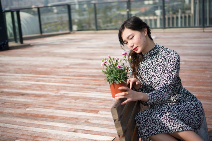 女孩，女性，穿花裙子的女性，一个人，年轻人，花朵，手持，开花植物