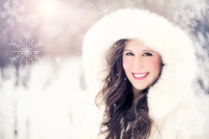 女人，穿着，白色，连帽外套，脸，相机，雪，冬天