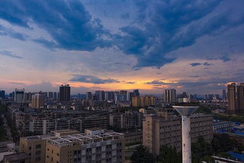 中国，襄阳，湖北，日落，城市，轮廓，建筑，建筑外观