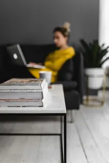 坐在沙发上用笔记本电脑工作的年轻女子 坐在沙发上用笔记本电脑工作的年轻女子