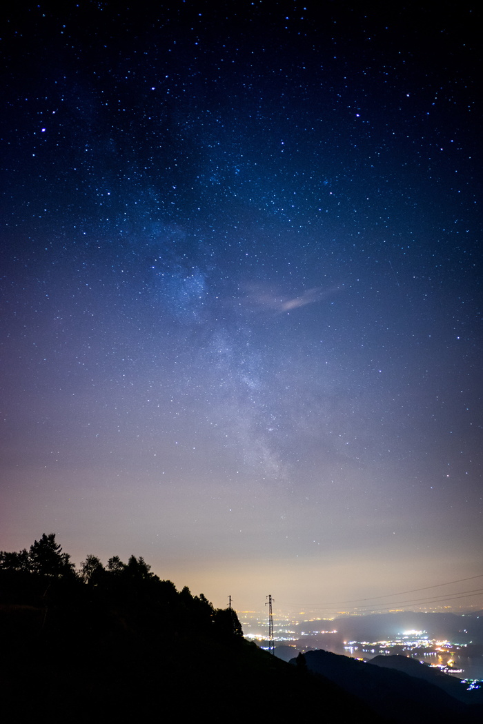 山，旁边，建筑物，夜间，剪影，树木，黑暗，夜晚