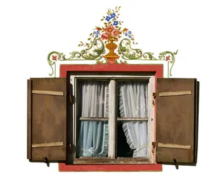 打开、棕色、红色、木质、双门、双门橱柜、家庭、窗户