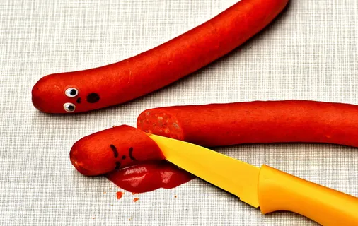 橙色，刀，旁边，热狗，有趣，有趣，头，香肠