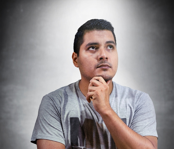 男士，灰色，圆领衬衫，怀疑，肖像，怀疑，概念，思考