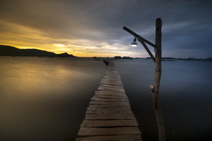 棕色、木制、bridge、golden、hour、background、phuquoc、island
