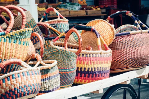 购物、早晨、图案、多彩、市场、农贸市场、篮子、零售