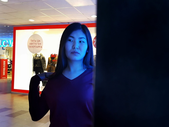 哈萨克斯坦, 阿特劳, 霓虹灯, 肖像, 美, 模型, 站在, 一个人