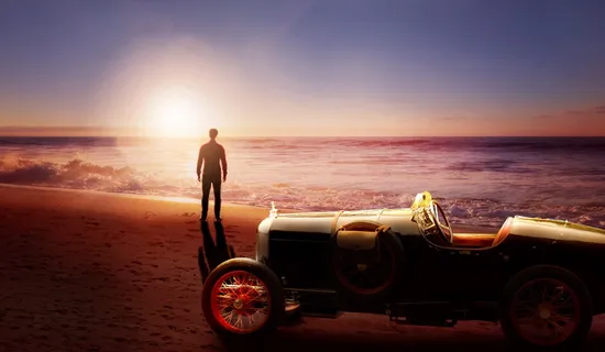 日落，大海，老人，男人，沙子，海滩，脚印，灯光