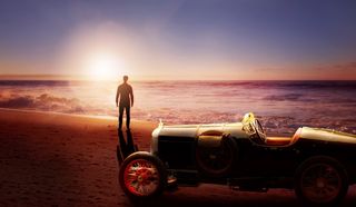 日落，大海，老人，男人，沙子，海滩，脚印，灯光