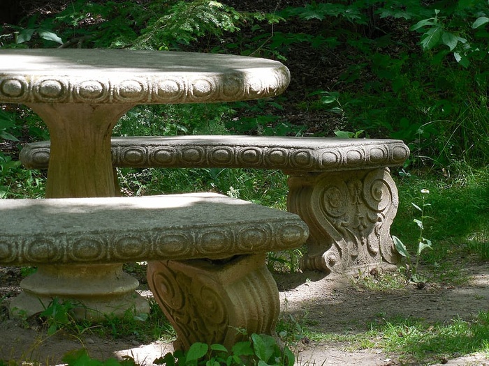 混凝土，野餐桌，野餐，桌子，公园，长凳，木头，灰色