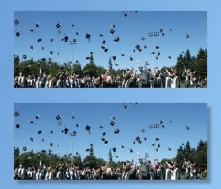 学生、投掷、迫击炮板、露天、野外、白天、毕业、青少年