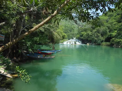 二，蓝色，船，身体，水，旁边，树，河