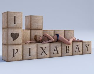 皮克斯湾，女人，木立方体，字母，木头，字母，字体，躺着