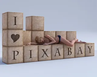 皮克斯湾，女人，木立方体，字母，木头，字母，字体，躺着