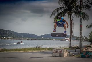 滑板、跳跃、翻转、背心、日落、动作、黎明、黄昏