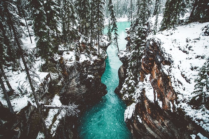 雪，冬天，下雪，峡谷，阿萨巴斯卡，瀑布，瀑布，冰川