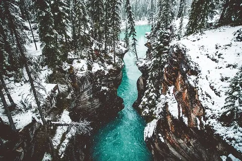 雪，冬天，下雪，峡谷，阿萨巴斯卡，瀑布，瀑布，冰川