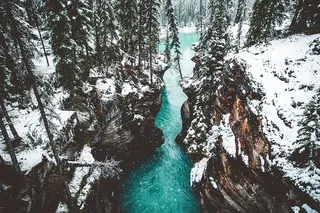 雪，冬天，下雪，峡谷，阿萨巴斯卡，瀑布，瀑布，冰川