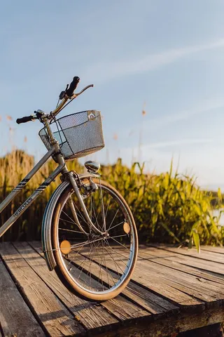 在明亮的夕阳下，在码头上放着篮子的自行车
