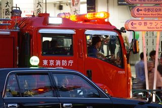 东京、城市、火灾、交通、红色、城市景观、交叉口、交通方式