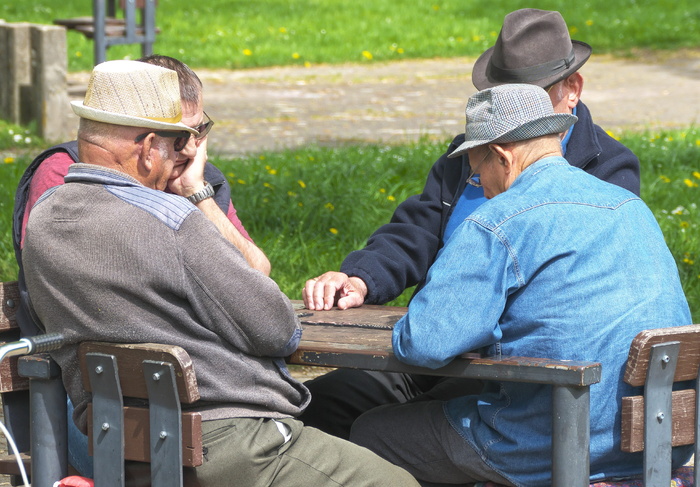 养老金领取者，男性，多米诺骨牌游戏，坐着，帽子，受保护，消遣，公园